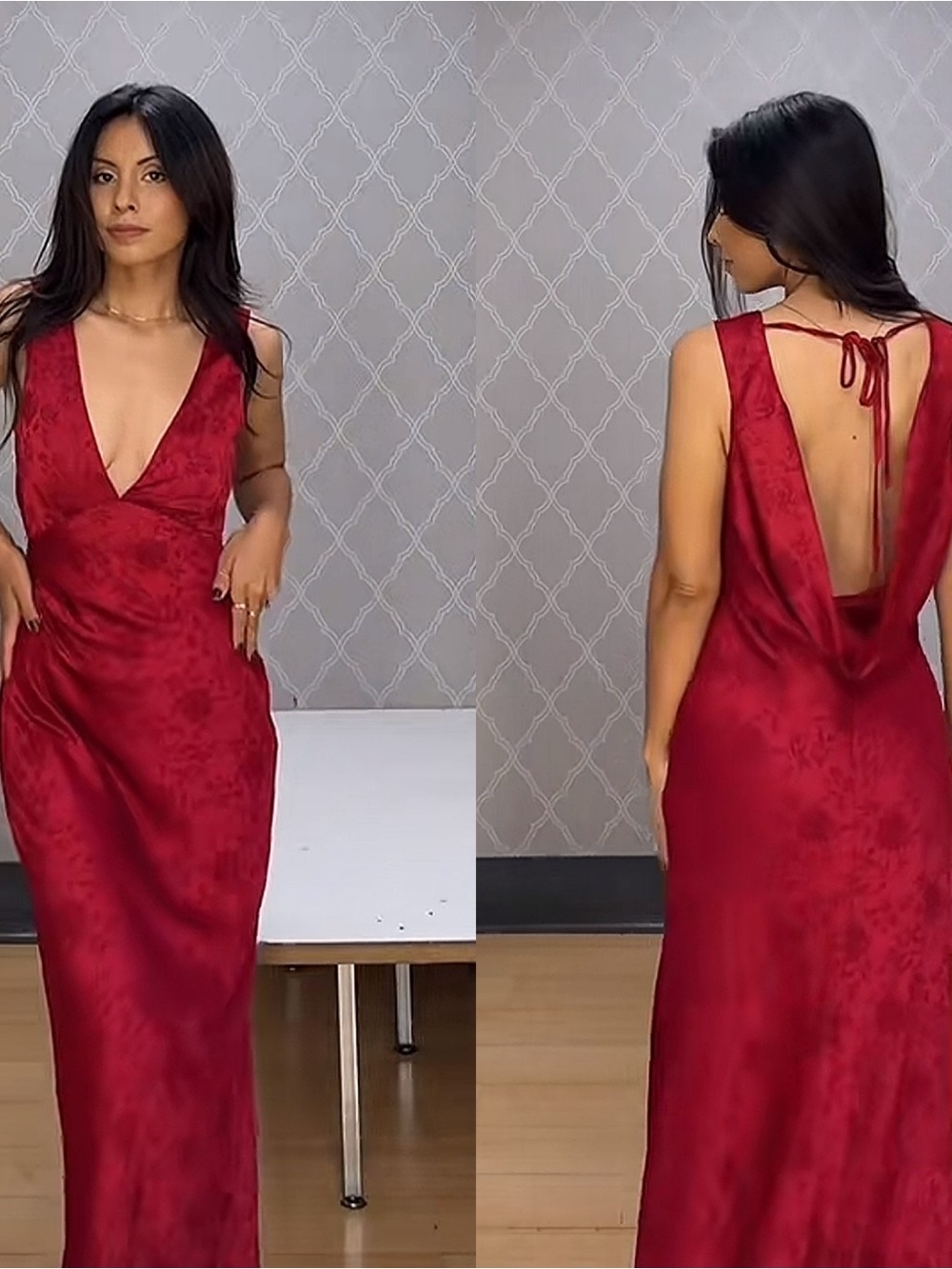 Red Satin Deep V-Back Evening Dress thirty thirty size  medium holiday
